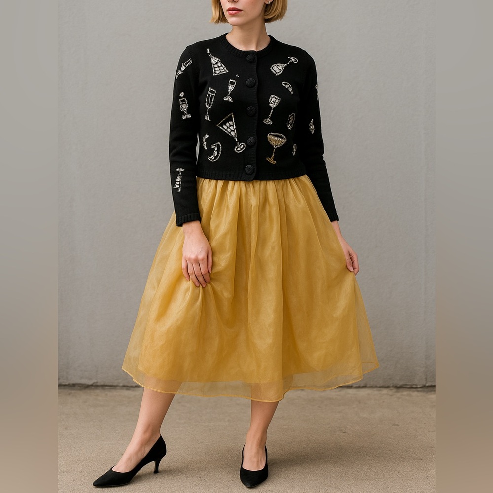 Vintage Michael Simon Cardigan Sweater Black Jeweled Martini Glasses Size M
